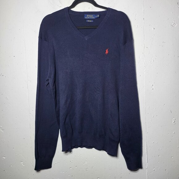 Polo Ralph Lauren Mens Navy Blue V-Neck Sweater Size Large Career Church Office - Picture 1 of 8